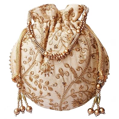 Fashion aura? Womens Ethnic Clutch Silk Cream Potli Batwa Pouch Bag