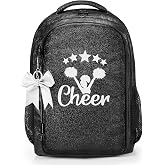 KZSKKW Glitter Cheer Backpack for Girls Cheerleader Bag Bow Keychain Black | Cheerleading Design, Laptop Compartment, Multiple Pockets, Water Resistant, Padded Straps, Teen Girls, Cheer, Dance &amp; School