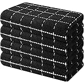 Mordimy 100% Cotton Terry Cloth Kitchen Towels, Super Soft and Absorbent Dish Towels for Drying, Checkered Designed Hand Towels for Kitchen, 16 x 26 Inches, 4 Pack, Black