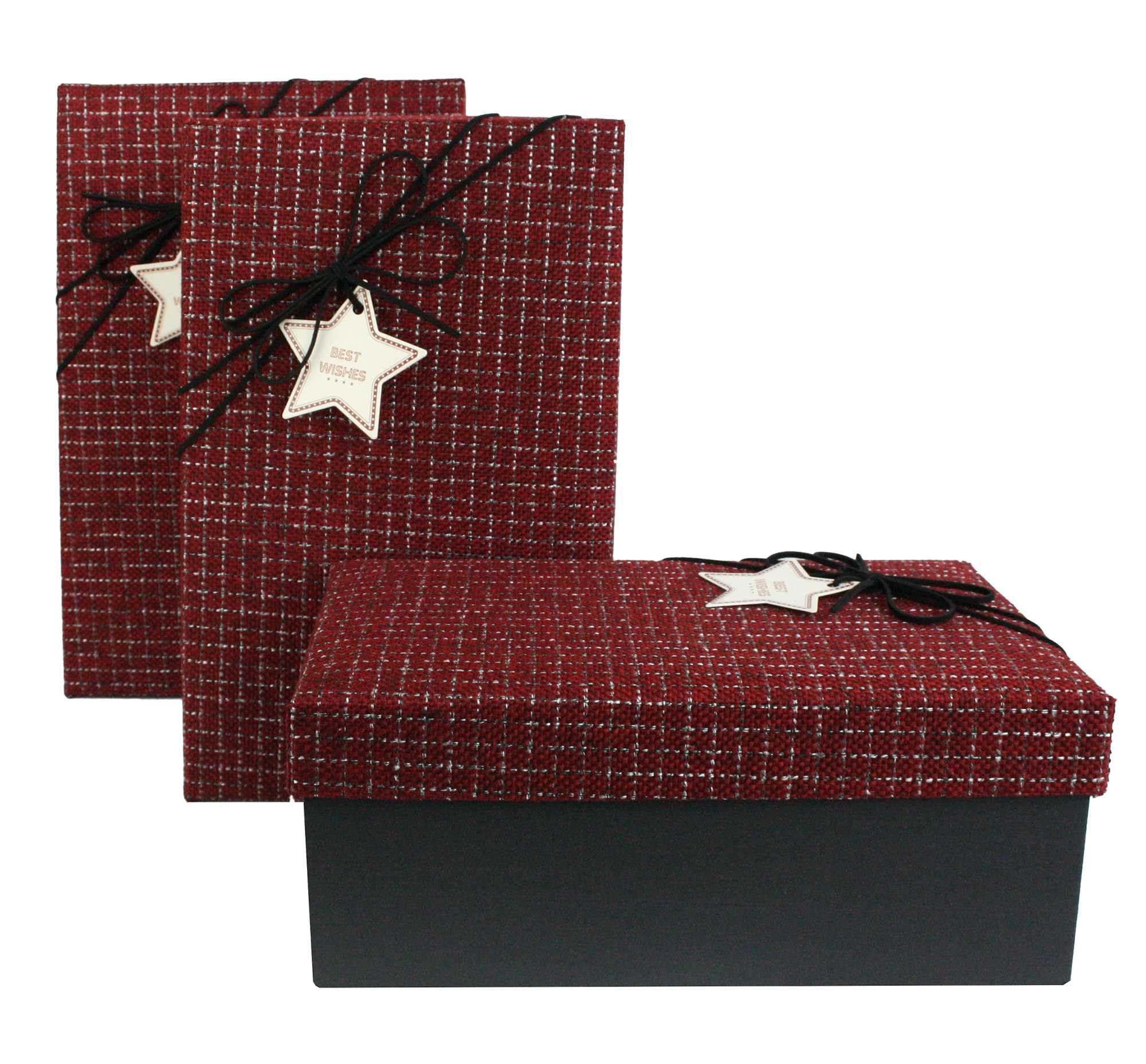 Emartbuy Black/Fabric Red Rigid Gift Box with Ribbon Set of 3 – Large, Medium, Small – – Luxury Cardboard Box|Premium Packaging for Hampers, Bridesmaid Gifts, Birthdays, Weddings, Corporate Gifting