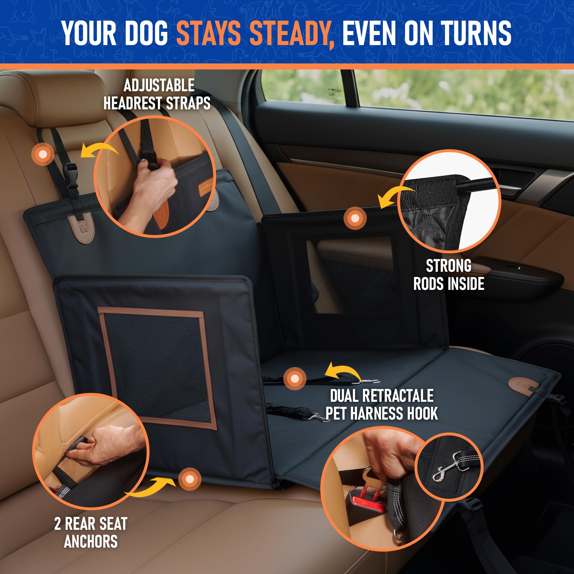 Condition photo showing New/Like New for large dog car seat for medium sized dog or 2 small dogs. waterproof, mesh sides with supporting rods