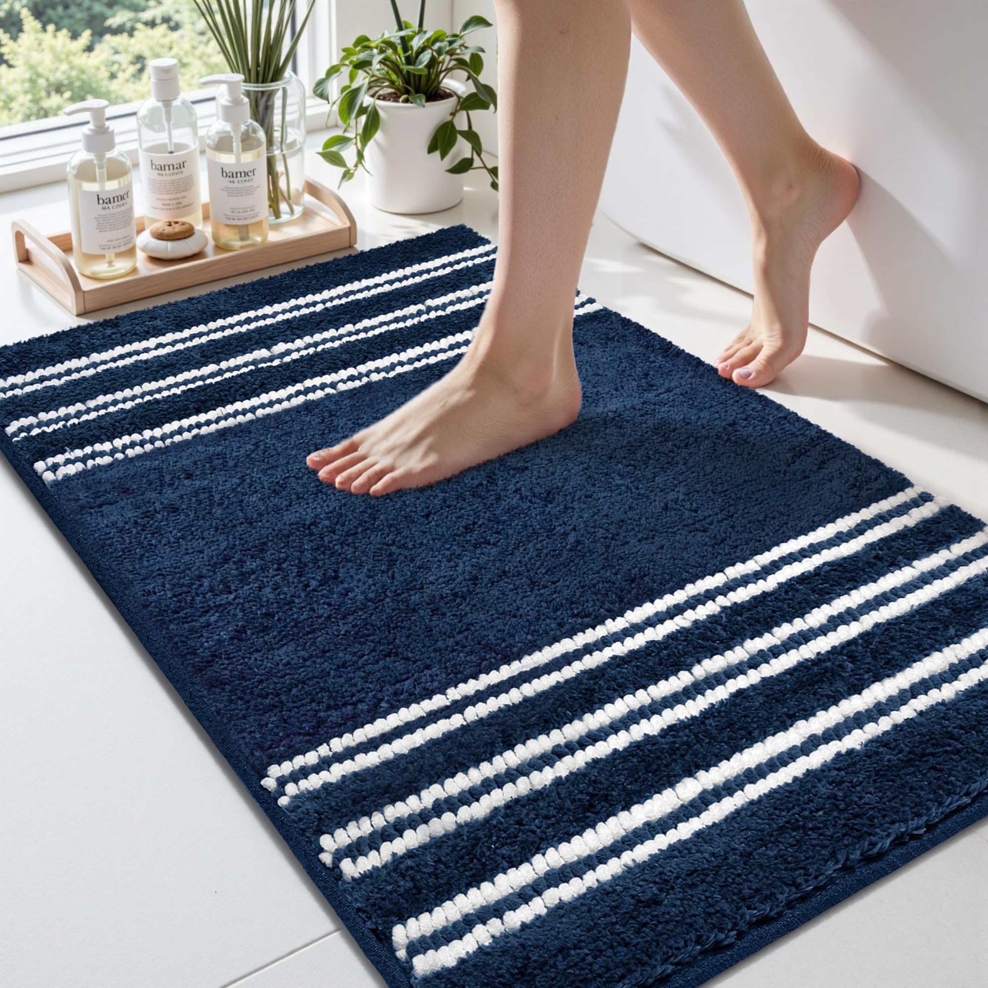 Photo 1 of Arenarug Bathroom Rugs 24x36 Extra Soft Absorbent Bath Mat Chenille Non Slip Shower Mat Rubber Backing Machine Washable Bath Mats for Bathroom Shaggy Blue Bath Rugs for Tub, Hallway