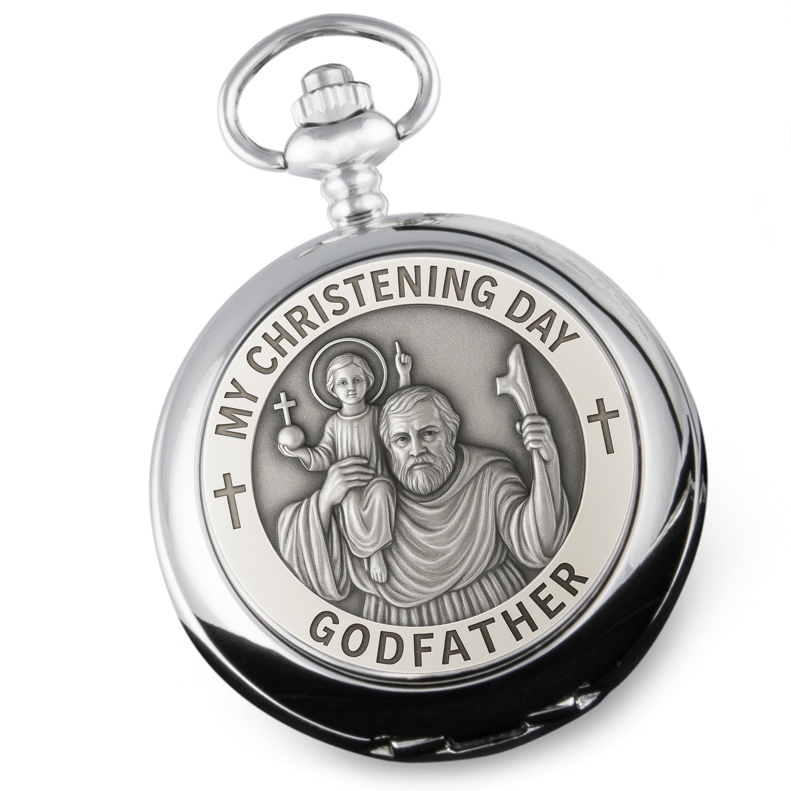 De Walden Christening Gift for Godfather St Christopher Pewter Front Pocket Watch