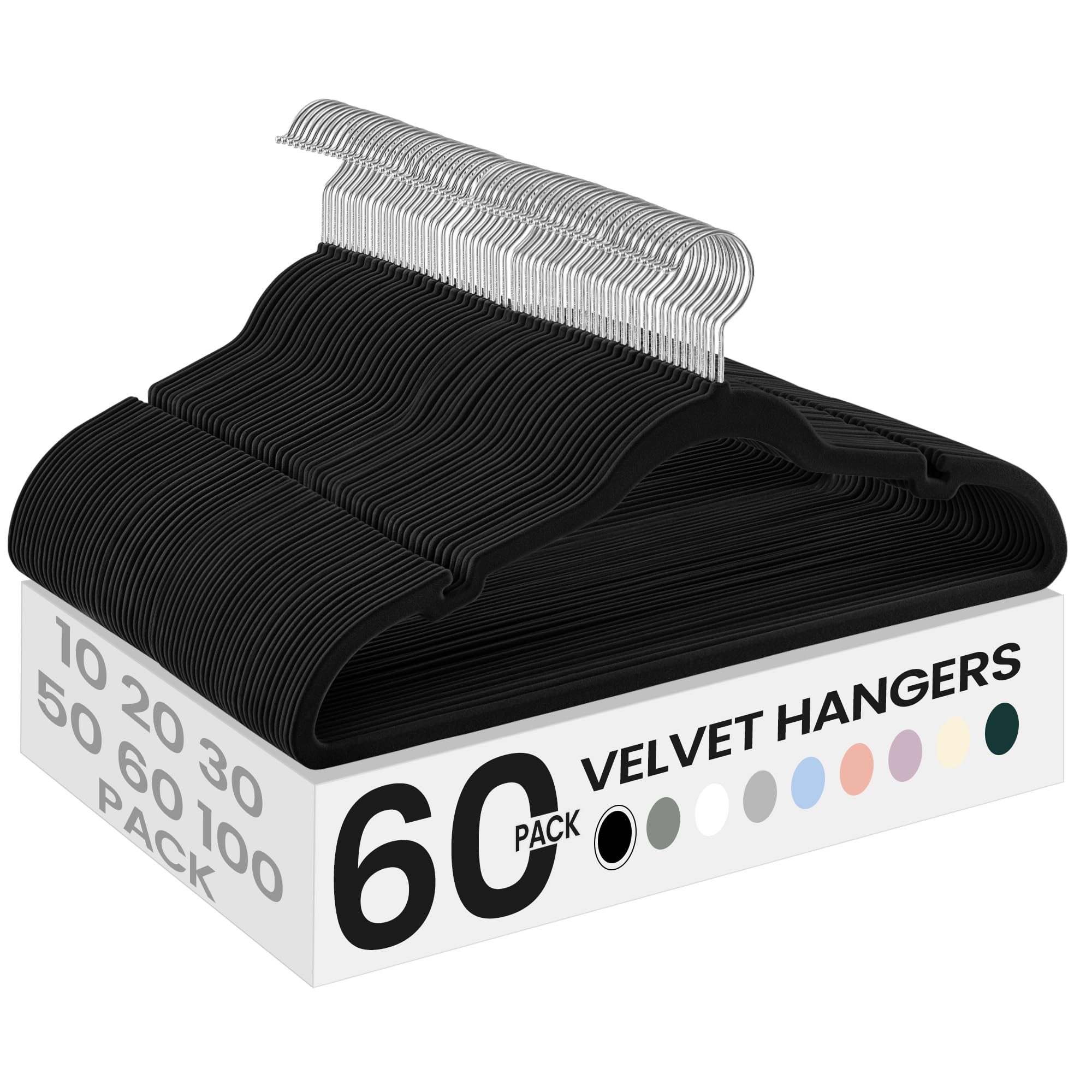 SONGMICS Velvet Hangers 60 Pack, Non-Slip Clothes Hangers with Shoulder Notches, Pants Bar, 360° Swivel Hook, Space-Saving, for Closet, Ink Black UCRF030B01 Image