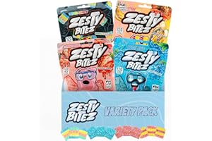 Zesty Bitez Variety Sour Candy Strips Bites | Bite-Sized Sour Belts Candy | Vegan Gummy Candy Bulk Pack - Tropical Rainbow Blue Raspberry, Summer Berry & Strawberry Sour Gummies | 4 Resealable Bags