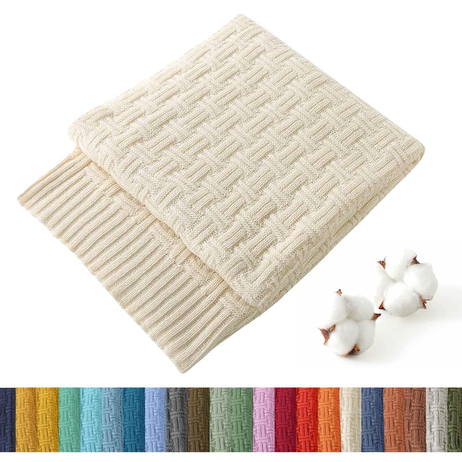 TREELY 100% Cotton Knitted Throw Blanket Couch Cover Blanket(30.31x 40.55 Inches, Ivory White)，77x 103cm Small Sofa Throw