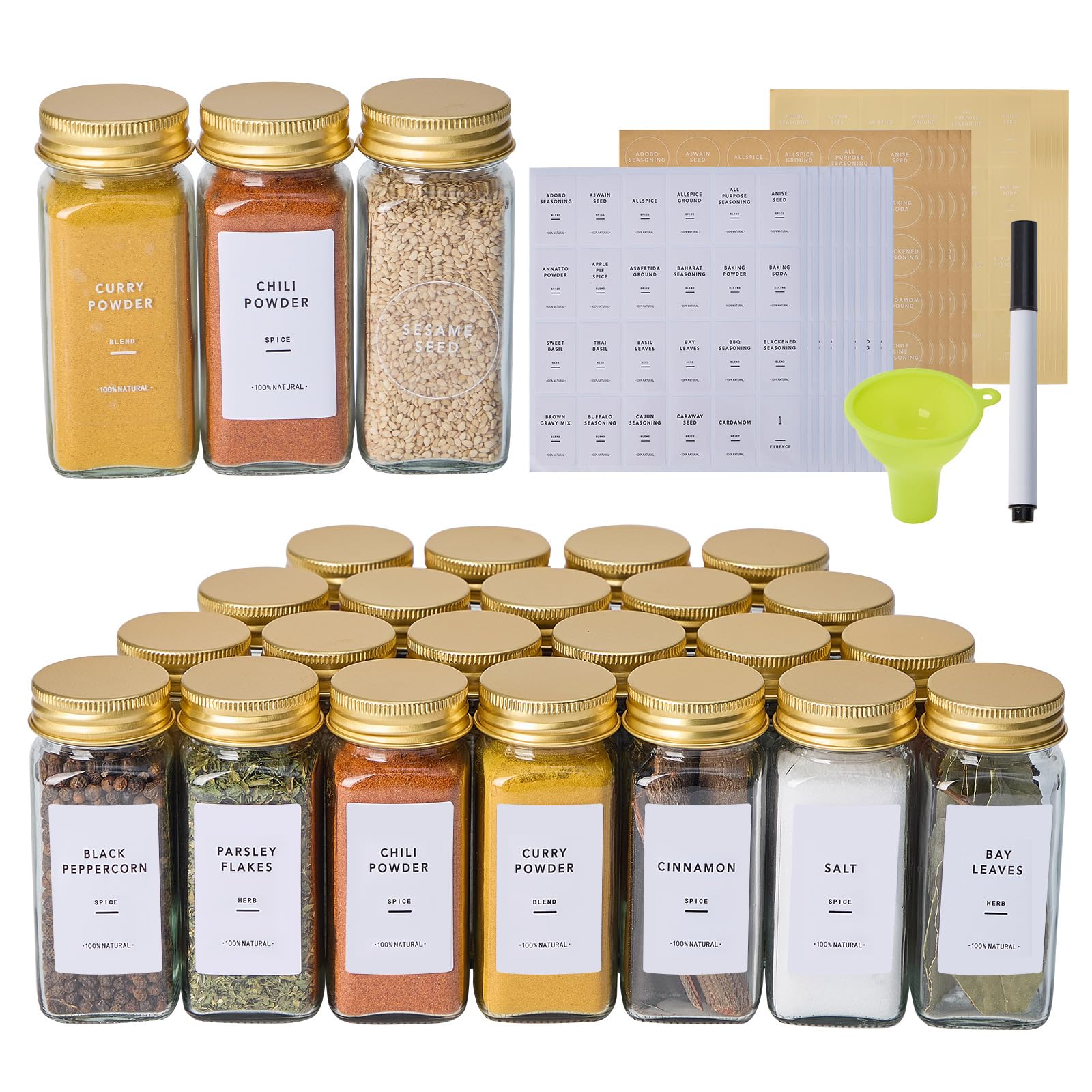 Photo 1 of *** SILVER LID**
Fiwence 24 Pcs Glass Spice Jars with 576 Labels, 4oz Empty Square Spice Containers,Seasoning Bottles with Gold Metal Caps - Shaker Lids, Funnel and Pen Included