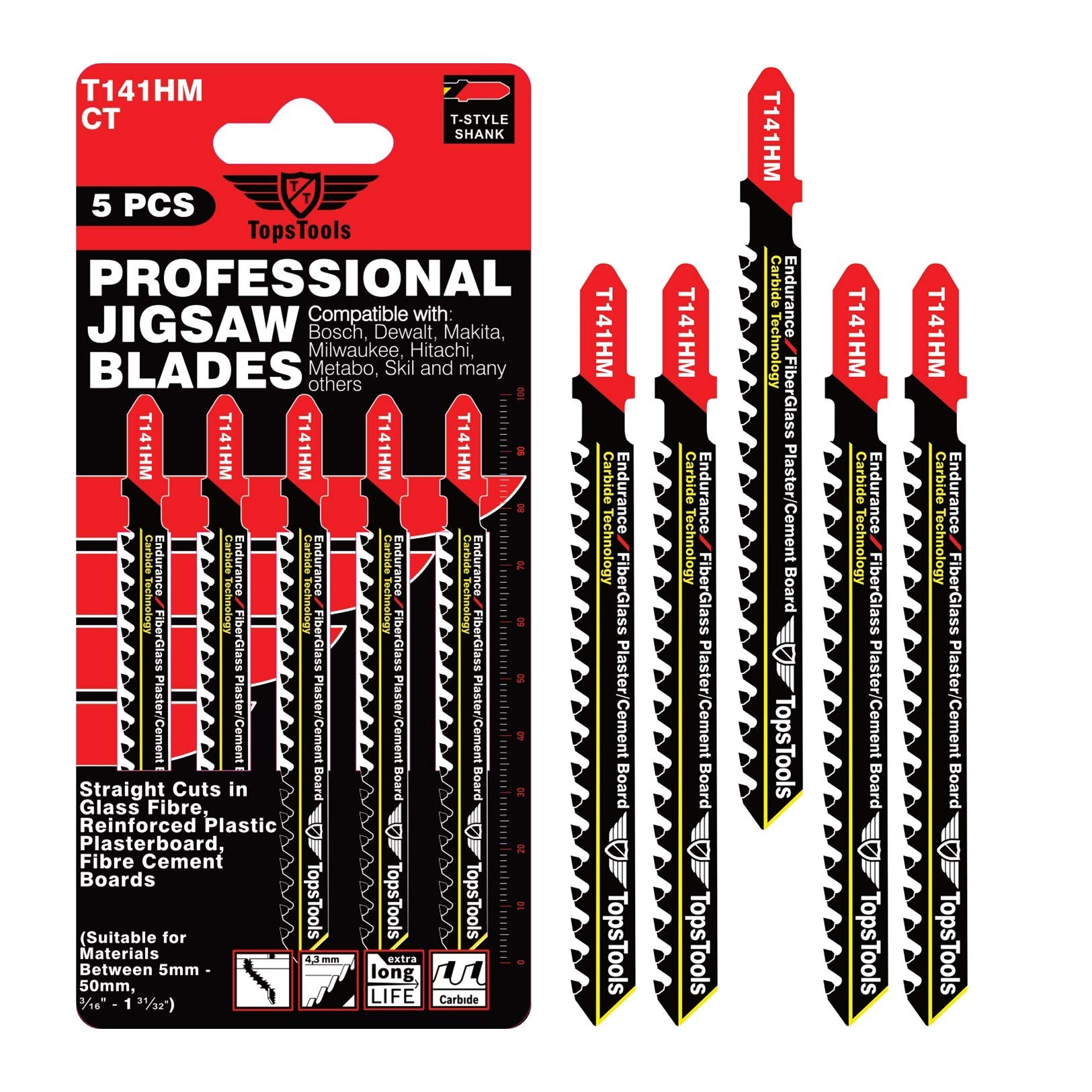 5 x TopsTools JSTT141HM T141HM 100mm Long Glass Fibre Cutting Jigsaw Blades