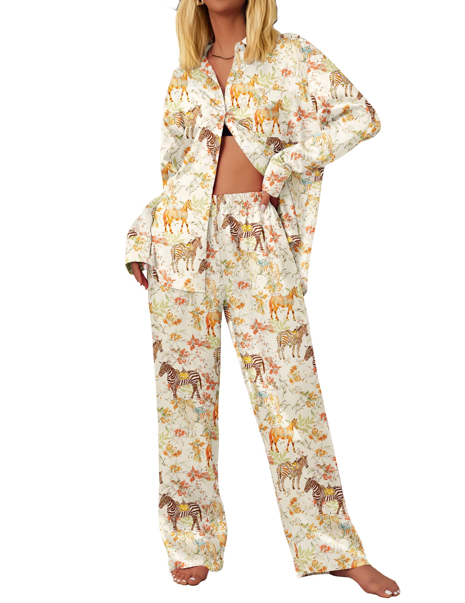 Photo 1 of *** PARTIAL SET *** Ekouaer Womens 2 Piece Silk Satin Pajama Set Long Sleeve Lounge Sets Button Down Shirts and Pants PJs Soft Sleepwear Sets Champagne Horse L
