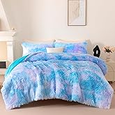 BYHOFMLY Faux Fur Fluffy Comforter Set Queen Size 3 Pieces Blue Rainbow Bedding Set for Girls Tie Dye Furry Fuzzy Bed Comforter with Pillowcases(Blue, Full/Queen)