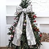 Suncalla Christmas Disco Ribbon Bow 40 x 20 Inch Large Silver Bow Decor Mirror Ribbon Sequin Premade Xmas Glittery Ornaments for Xmas Tree Topper Wreath Background Wall Holiday Themed Party