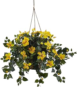Nearly Natural 6866-YL 22in. Hibiscus Hanging Basket,Yellow,10.125'' x 17.5'' x 10.125''