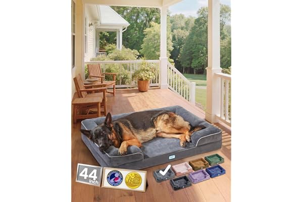 OhGeni Orthopedic Dog Bed Couch Big Cat Sofa for Extra Large Sized Pets with Memory Foam, Machine-Washable Waterproof Removable Cover, Soft Comfortable Fabric, 44-inch (Gray)