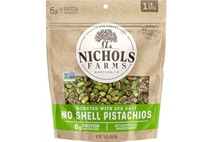 Nichols Farms No Shell California Pistachios, Healthy Protein Snack, Roasted with Sea Salt, 1LB