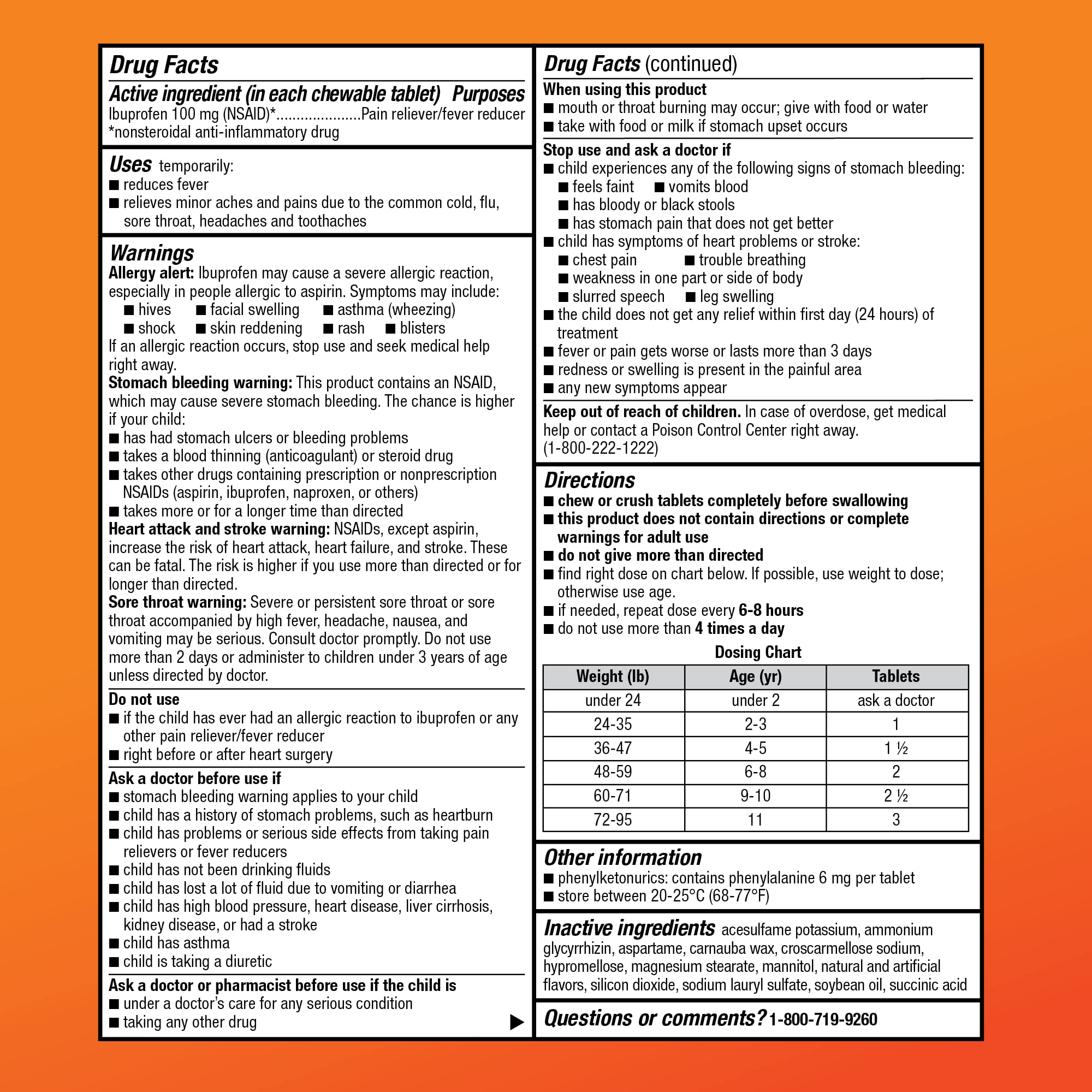 Amazon Basic Care Children's Ibuprofen Chewable Tablets, Pain Reliever and Fever Reducer, Orange Flavor, Ages 2-11, Lasts up to 8 Hours, 100 mg, 24 Count