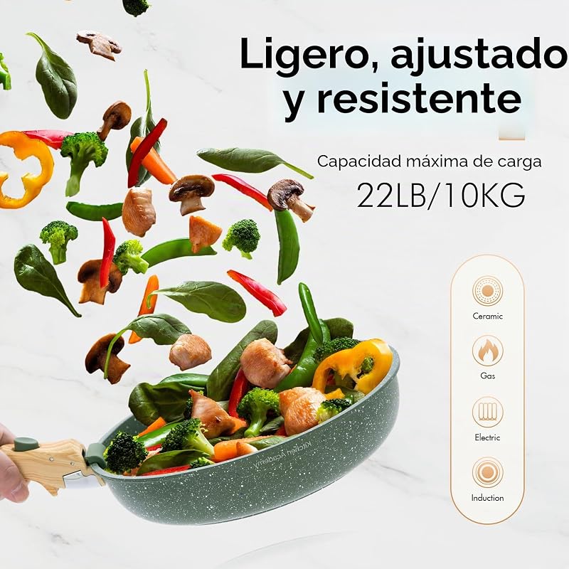 Juego de Sartenes Antiadherente 10 piezas con Mango Desmontable Verde