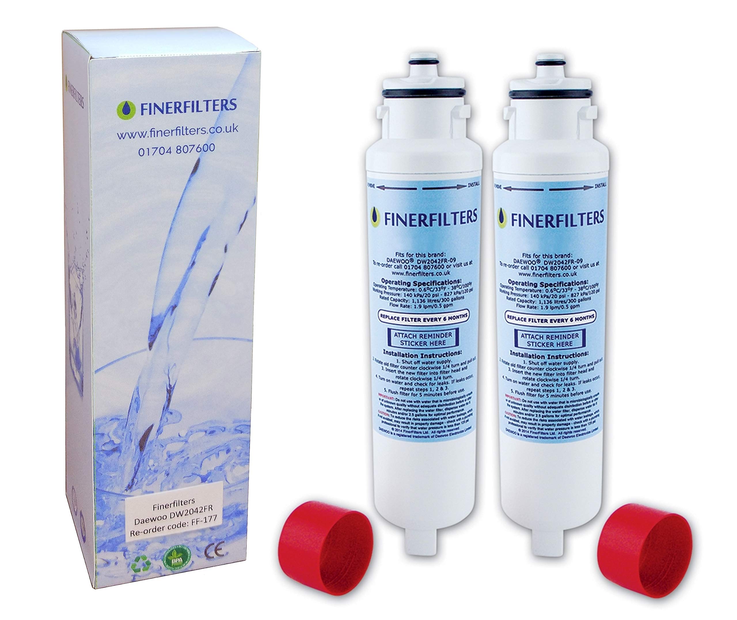 Finerfilters FF-177 Fridge Ice and Water Filter Compatible with Daewoo DW2042FR-09 Aqua Crystal Fridge Water Filter (2 Pack)