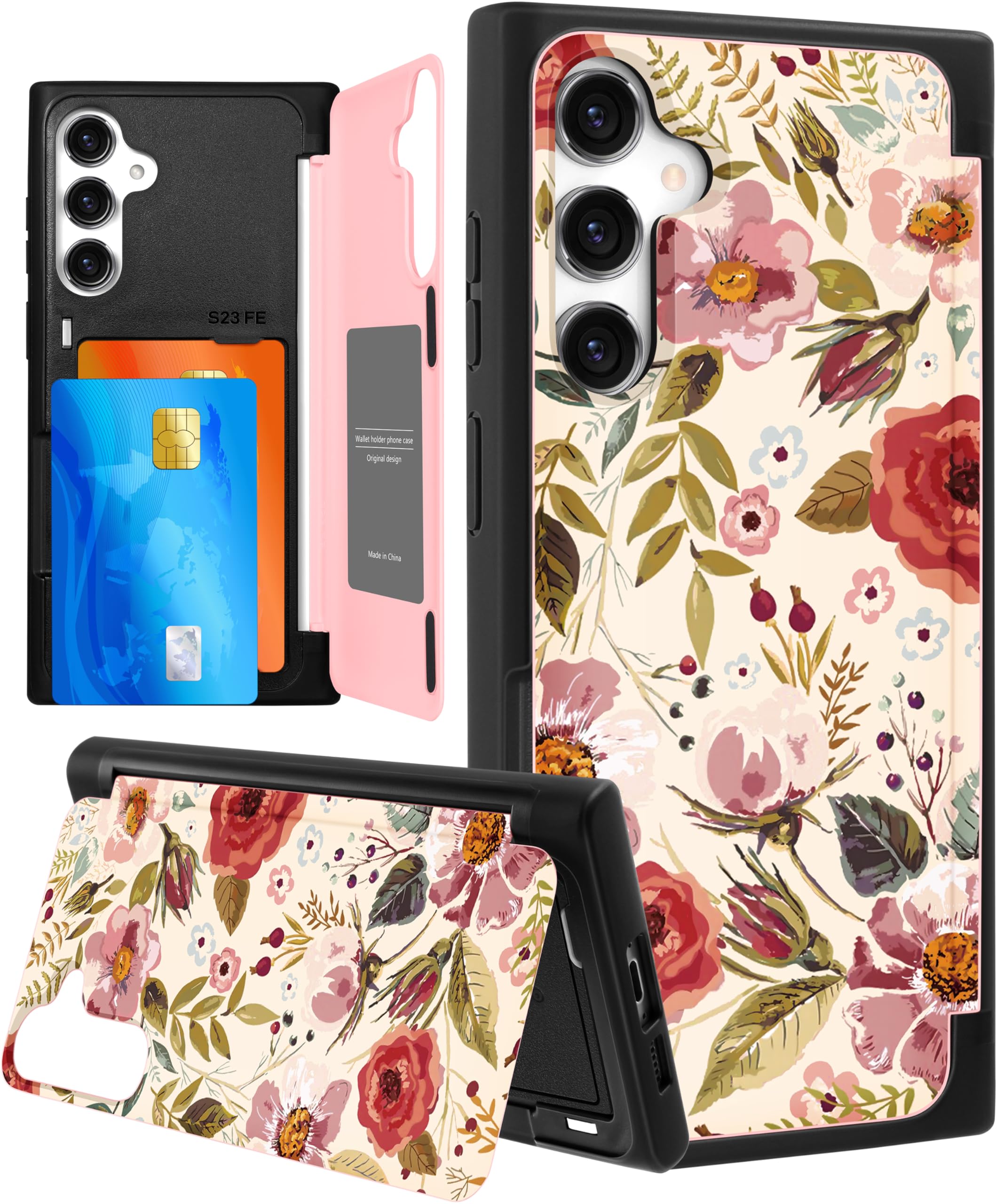Photo 1 of Shorogyt for Samsung Galaxy S23 Fe Case Card Holder Wallet - Built in Dual Card Slots Cute Phone Covers for Women Funny Pattern for Teen Girls Colorful Flower Flip Kickstand for Galaxy S23 Fe 6.4 Inch