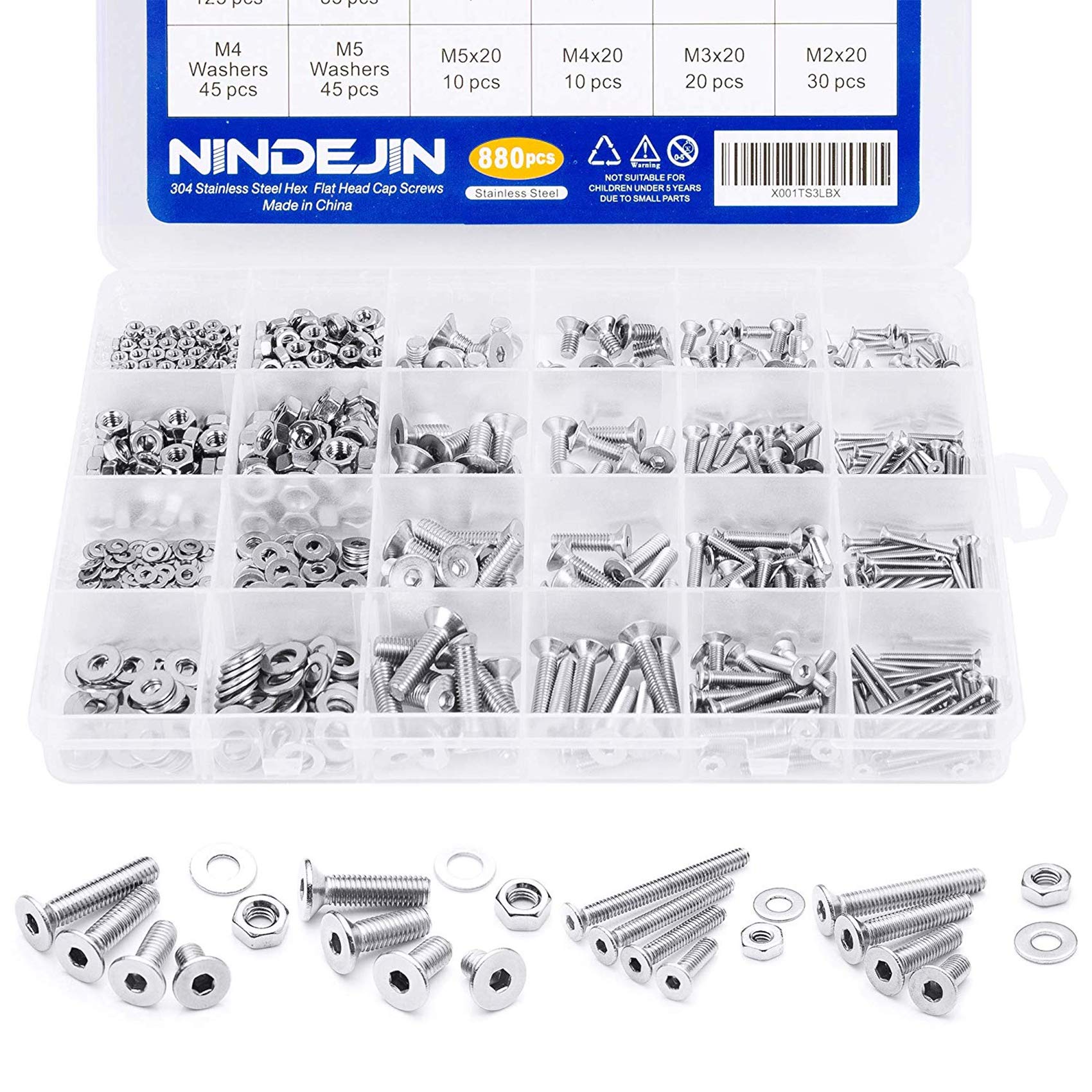 880Pcs M2 M3 M4 M5 Stainless Steel Precise Metric Hex Button Head Cap Self Tapping Screws,Round Flat Socket Bolts and Nuts Set and Washers Assortment Kit +Wrench (Flat) โ image 1