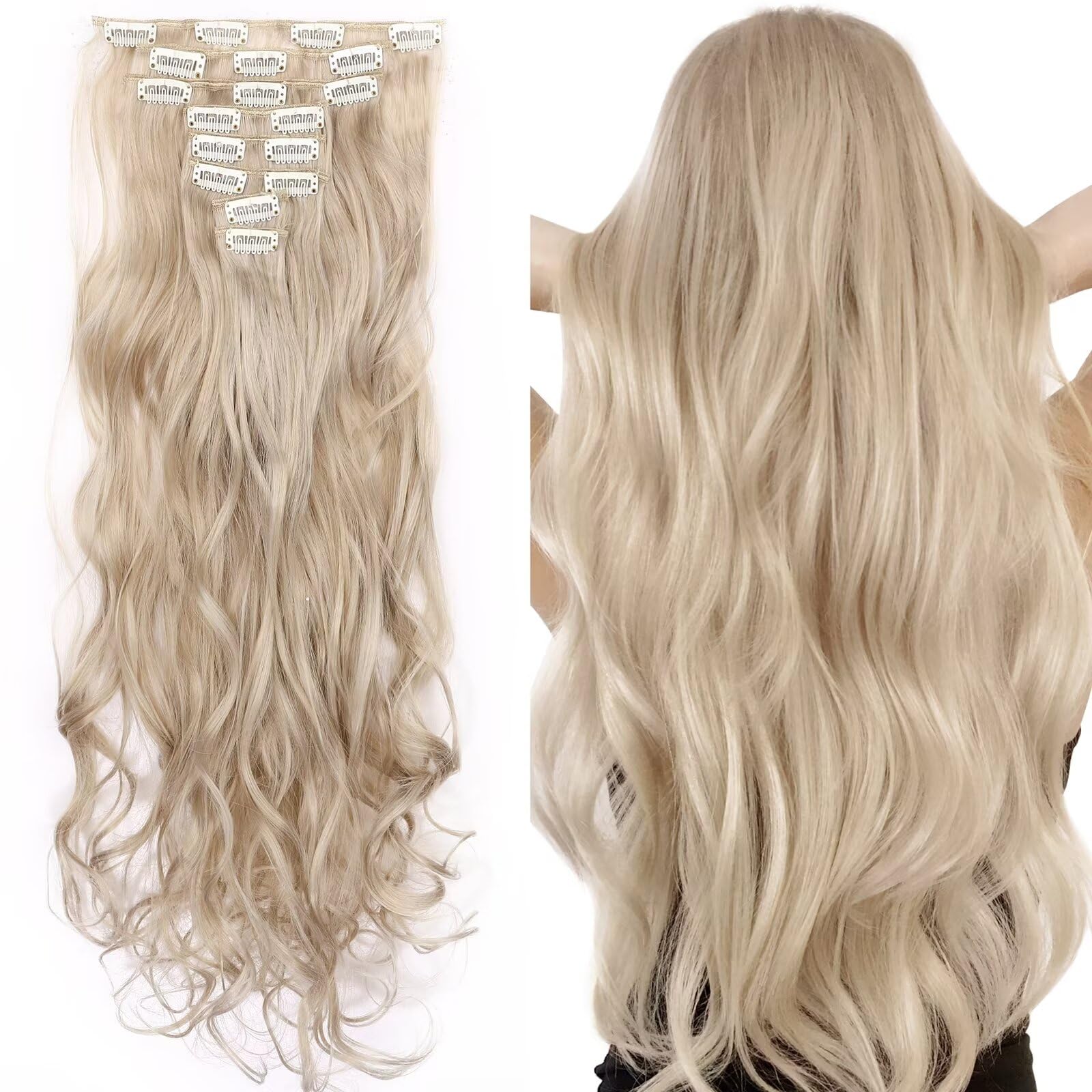 Silk-co Hairpiece Extensions Clip in Hair Extension Long Curly Wavy 8 Pcs Full Head 18 Clips Synthetic Heat Resistant [24 inch Blond&Silver Grey] — image 1