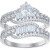 Jewels By Lux Sterling Silver Women's Baguette Cubic-Zirconia Duo Bridal Anniversary Wedding Engagement Band Ring Set
