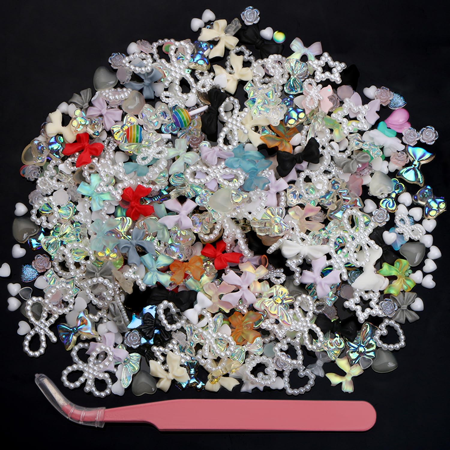 3D Nail Charms,UHOMENY 400pcs Mixed Nail Art Charms Lollipop Bow Pearl Shell Heart Bear and Other Multi-Shape Nail Jewelry Charms with Box for DIY Crafts Phone Case Nail Art,with Tweezers