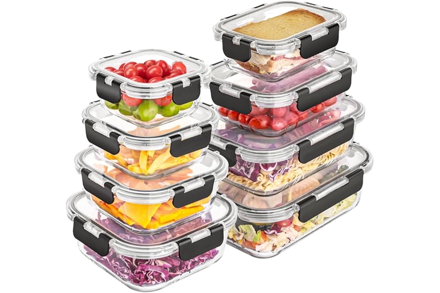Liuruiyu 8 Pack Glass Food Storage Containers with Lids, Meal Prep Containers, Airtight Bento Boxes with Leak Proof Locking for Microwave, Oven, Freezer and Dishwasher, BPA Free