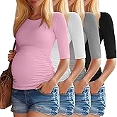 Sweetyweee 4 Pack Women's Maternity Shirts, Half Sleeve Side Ruched Tops Crew Neck Summer Casual Pregnancy Clothes