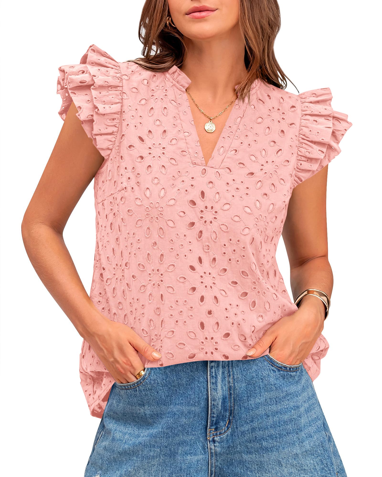 Photo 1 of BTFBM Women Summer Eyelet Tops Dressy Casual V Neck Ruffle Cap Sleeve Cotton Boho Shirts Lace Embroidered Blouses 2025(Pink, X-Small)
