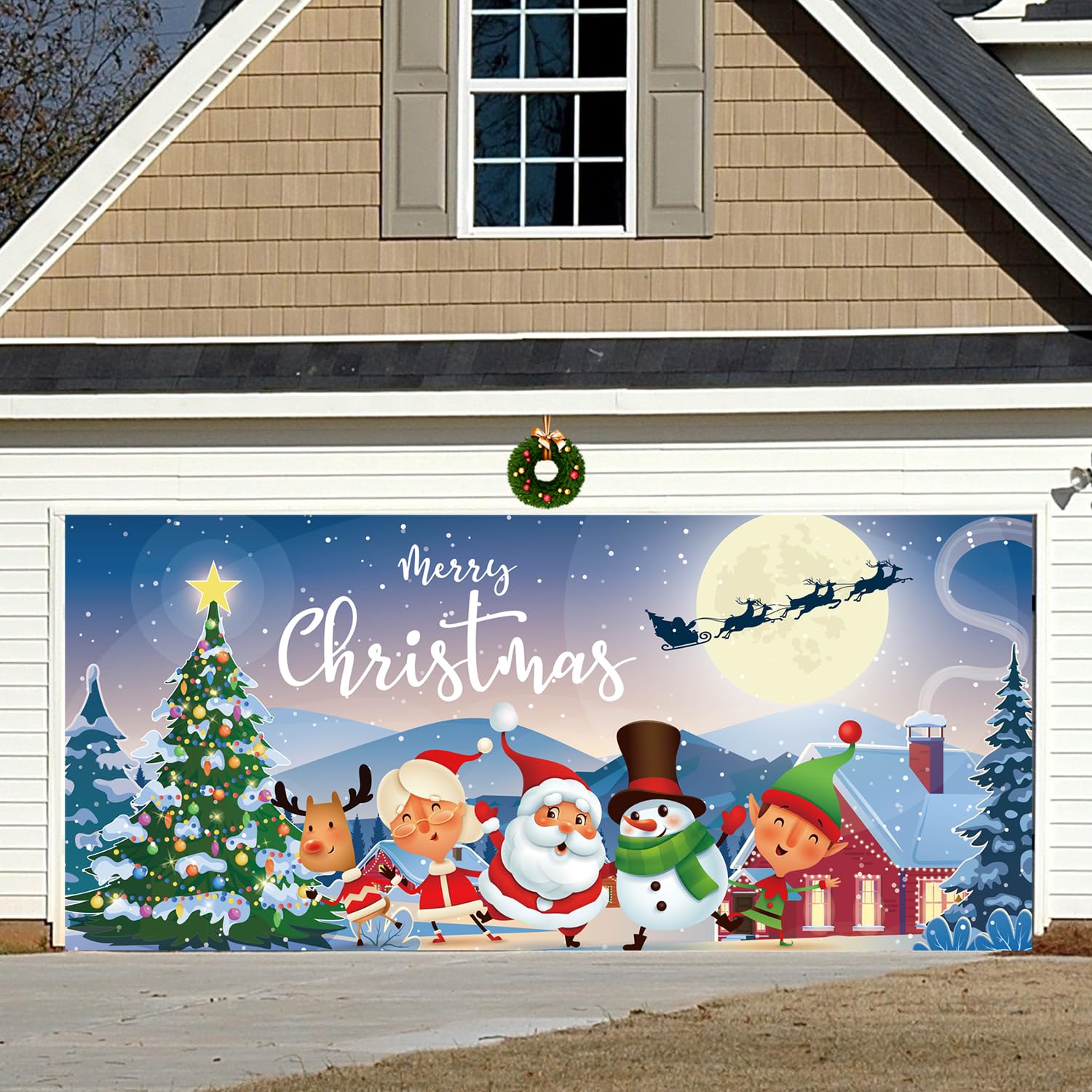 Garage Door Banner, 6x13 Feet, with Copper Grommets and Rope, Merry Christmas Backdrop Xmas Background Decorations Door Cover/Murals for Garage, Patio, Garden, Fence
