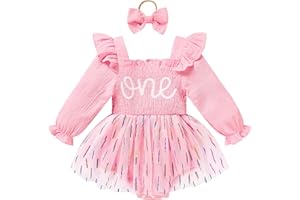 TITKKOP Baby Girl 1st Birthday Clothes One Year Old Tulle Romper Long Sleeve Bodysuit Cake Smash Outfits