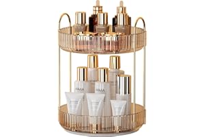 YCIA&DONE 360 Rotating Makeup Organizer and Storage for Vanity Countertop 2 Tiers, High Capacity Cosmetic Skincare Perfume Organizer for Dresser Bathroom Lazy Susan Organizer(Amber Gold)