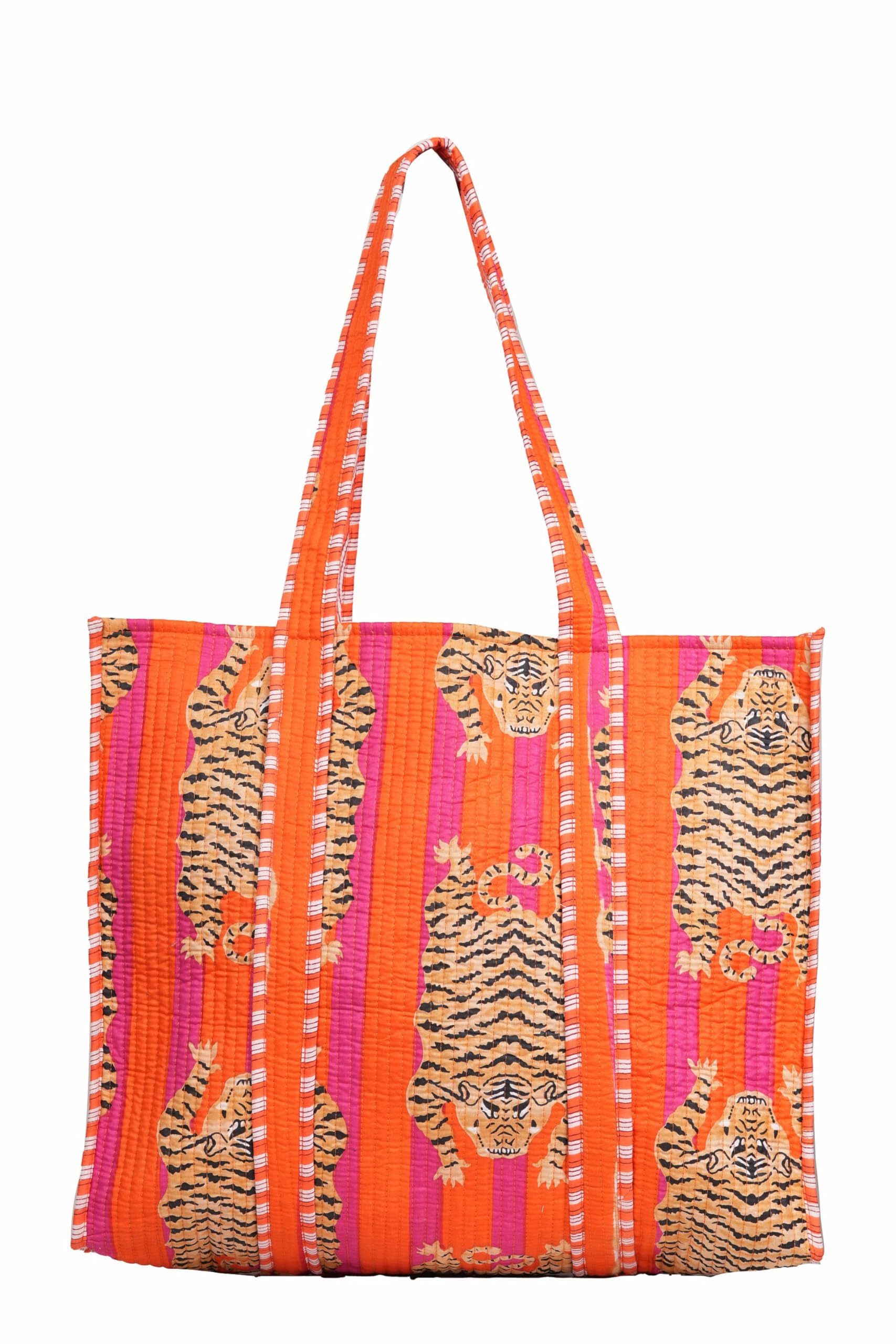 Photo 1 of 100% Cotton Quilted Tote Bag, Tiger Print Design, Orange and Pink Stripes, Reversible Shopping Bag & Grocery Bags Stylish Travel Bag Gift for Her Women Storag Bag Daily Use Bag