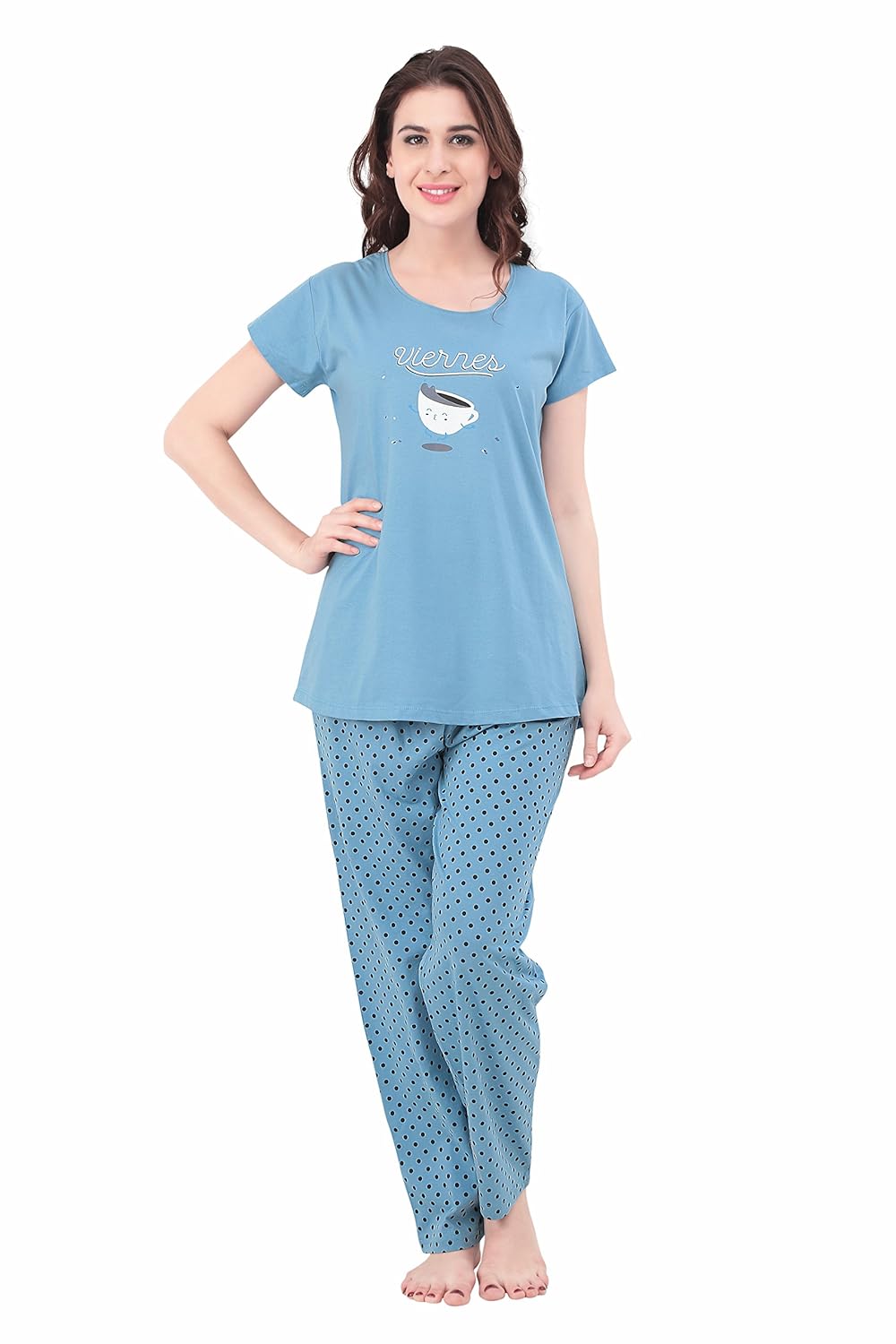 zeyo women&rsquo;s pastel night suit | blue & green night dress with polka dot print | pure cotton night wear | top and pyjama set with half sleeve
