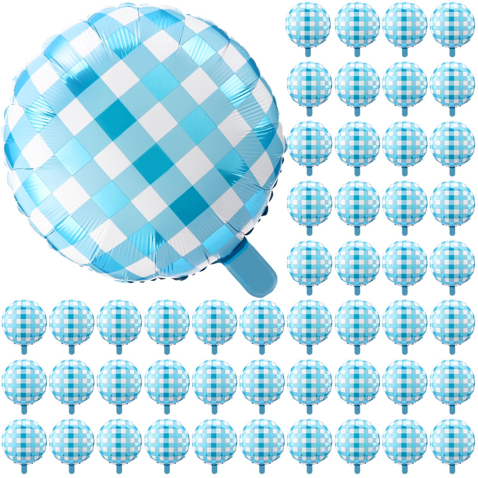 Photo 1 of Threan 50 Pieces 18 Inches Checkerboard Balloons Aluminum Foil Balloons Party Decorations for Summer Picnic BBQ Party Decor Birthday Holiday Racing Themed Supplies (Blue, White)