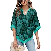Micoson Womens 3/4 Sleeve Chiffon Blouses V Neck Double Layers Mesh Shirts Flowy Dressy Tunic Tops