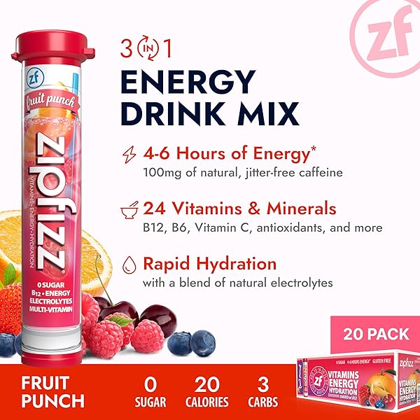 ZIPFIZZ DAILY ENERGY DRINK POWDER, FRUIT PUNCH, 20 PACK 3-IN-1 SUSTAINED ENERGY, RAPID HYDRATION, AND ESSENTIAL VITAMINS SUGAR-FREE ELECTROLYTE POWDER CONTAINS VITAMIN B-12 & ANTIOXIDANTS