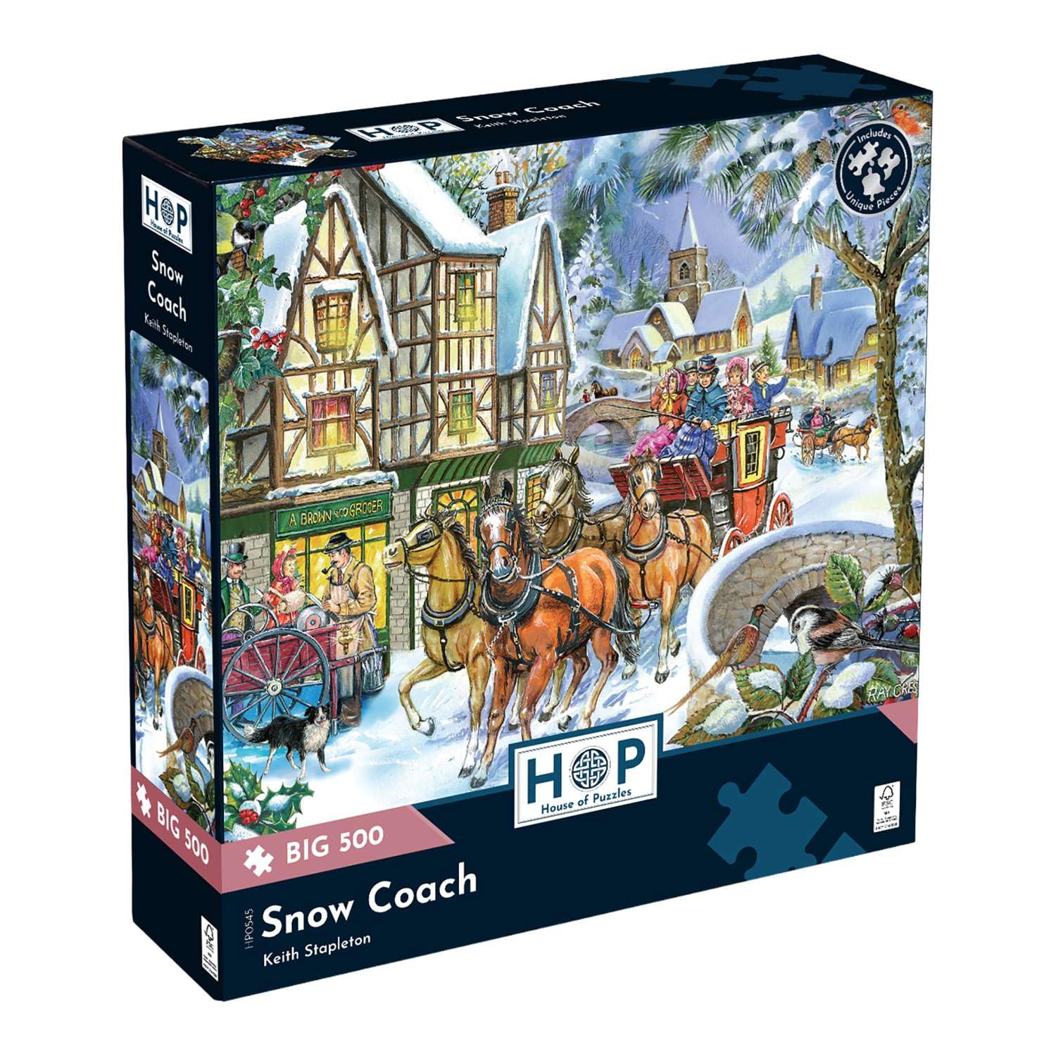 The House of Puzzles - Snow Coach Jigsaw - Big 500 Piece Jigsaws For Adults, Extra Large Pieces, Artist Illustrated, Scenic Landscape, Deluxe Puzzle Gifts