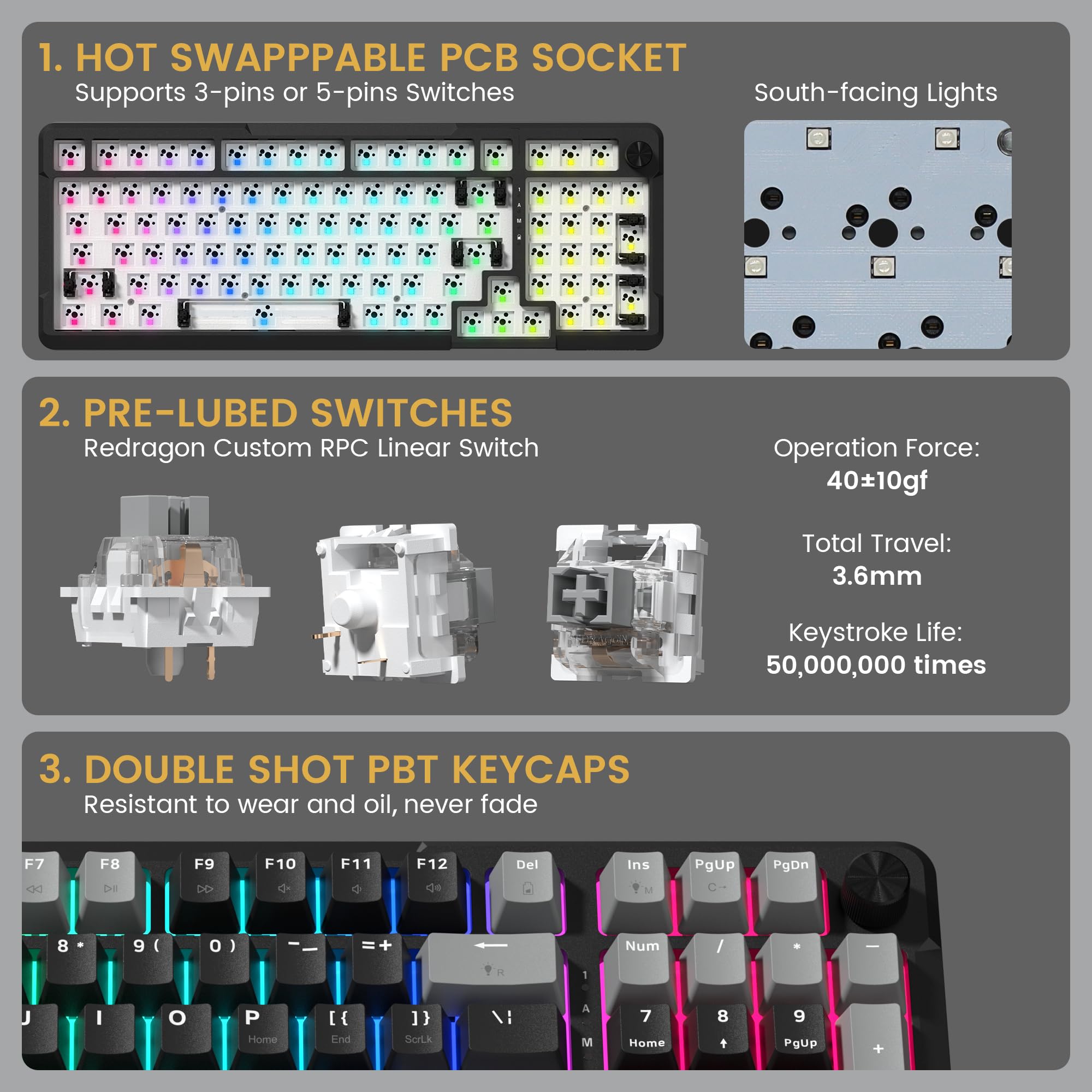 Redragon K742 Wireless Mechanical Gaming Keyboard with Knob, Bluetooth 5.0/2.4GHz/USB C Wired Creamy Keyboard with Number Pad for PC Computer, Hot Swappable RGB Backlits, Custom Linear Switch, Black