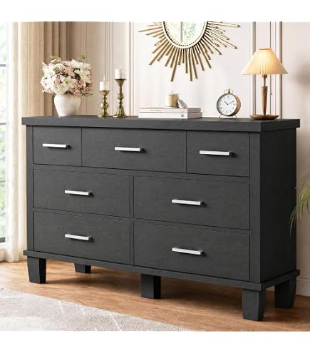IDEALHOUSE Dresser for Bedroom with 7 Drawers, LED Lights & Charging Station, Wooden Chest with 2 Open Compartments, Freestanding Storage Organizer for Closet, Nursery, Entryway, Black : Home & Kitchen