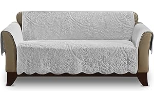 SureFit Heirloom Quilted Cotton Furniture Cover with Scallop Edge, Loveseat Cover, Pet Friendly, Machine Washable, Gray,