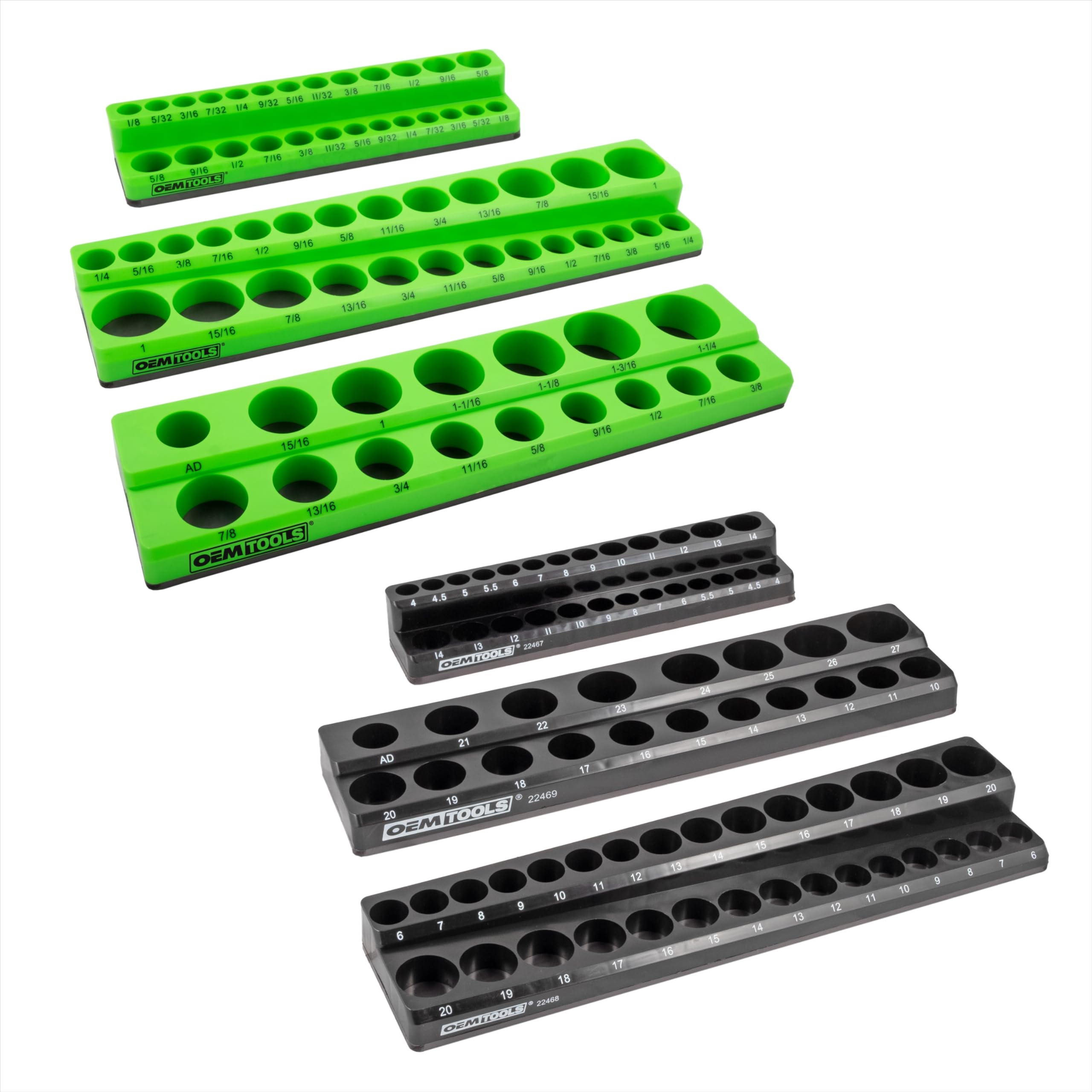 OEMTOOLS 22488 6 Pack Set Metric and SAE Magnetic Socket Tray Set, Black and Green Socket Organizers, 1/4, 3/8, 1/2 Inch Drive Socket Organizer Tray Set Image