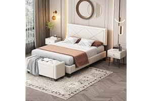 Polibi 4-Piece Bedroom Set with Queen Size Velvet Bed Frame, Storage Bench, 2 Nightstands, Button Tufted, Nailhead Trim, Crystal Knob, Luxury Style Bedroom Furniture Set, Beige