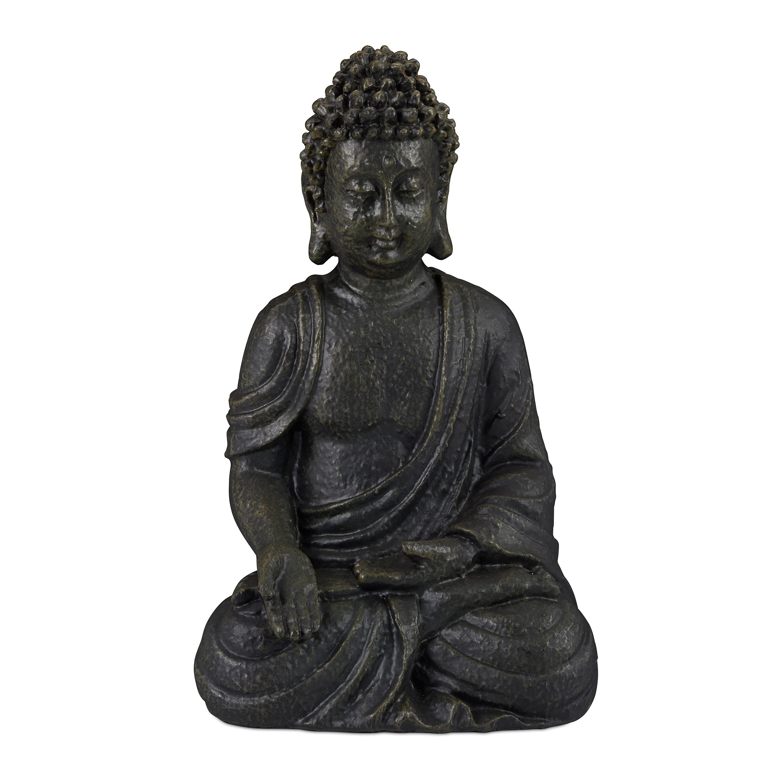 Relaxdays Buddha Ornament Sitting 30 cm high, Garden Decorative Figurine; Weatherproof, Frost-proof, Dark Grey