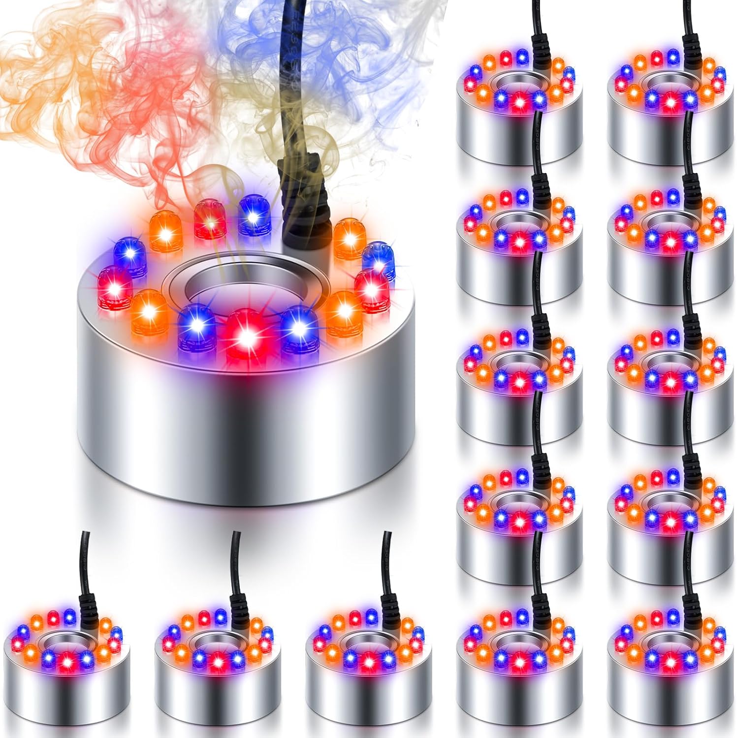 Indoor Fountains & Accessories - Retisee 12 Pack Halloween Mist Maker Fogger Ultrasonic Fountain Fog Machine Indoor Outdoor Air Humidifier with 12 LED Light Color Change for Water Fountain Pond Halloween Party Decor