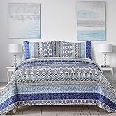 WONGS BEDDING Boho Quilt Set Queen Size, Blue Bohemian 3 Pieces Quilt Sets, Lightweight Bedspread Coverlet Bedding Set for All Season (96"x90")