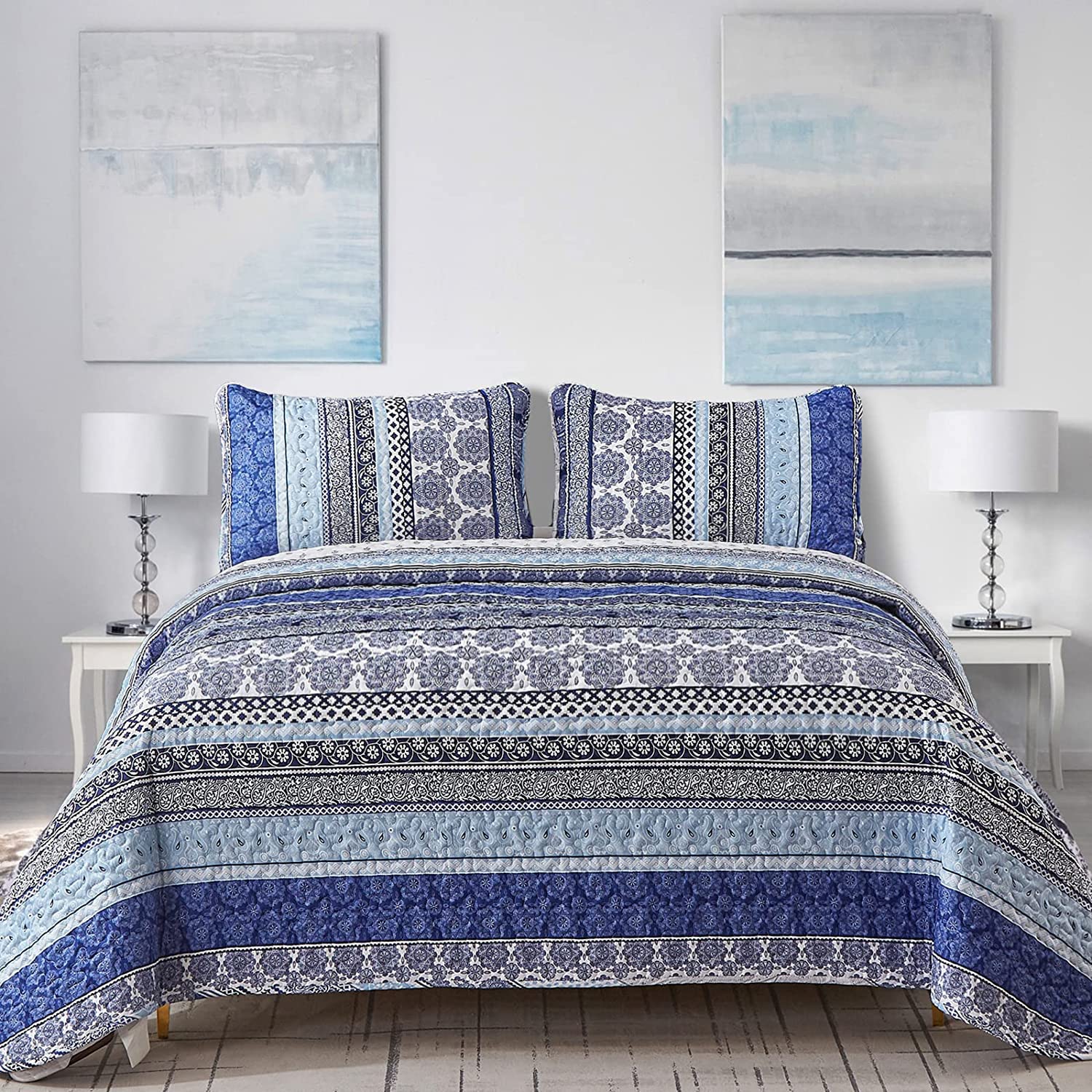 Photo 1 of WONGS BEDDING Boho Quilt Set King Size, Blue Bohemian 3 Pieces Quilt Sets, Lightweight Bedspread Coverlet Bedding Set for All Season (103"x90")