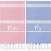 Preboun 2 Pcs Mr and Mrs Turkish Beach Towels Wedding Embroidery Bathroom Hand Towels Decorative Stripe Turkish Honeymoon Newlywed Couple Wedding Gift 71 * 39 Inch(Blue, Pink)