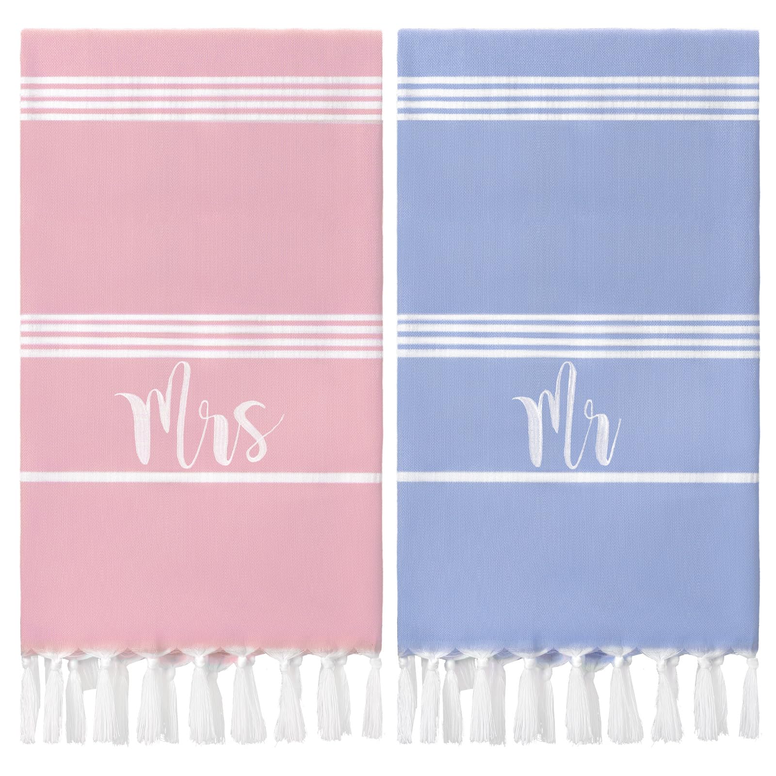 Photo 1 of Preboun 2 Pcs Hubby and Wife Turkish Beach Towels Wedding Embroidery Bathroom Hand Towels Decorative Stripe Turkish Honeymoon Newlywed Couple Wedding Gift 71 * 39 Inch(Blue, Pink)
