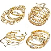 KISS WIFE 15 Pcs Golden Bracelets Set for Women, Multiple Layered Stackable Open Cuff Bangle, Adjustable Cuban Link Chain Tennis Bracelet Pack, Dainty Classic Aesthetic Jewelry